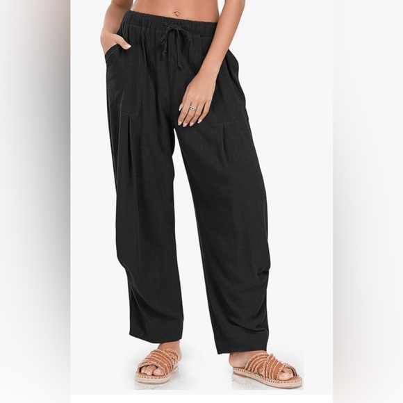 NWT TARSE Size Large Women Black Linen Blend Baggy Harem Pants with Pockets - Picture 2 of 4